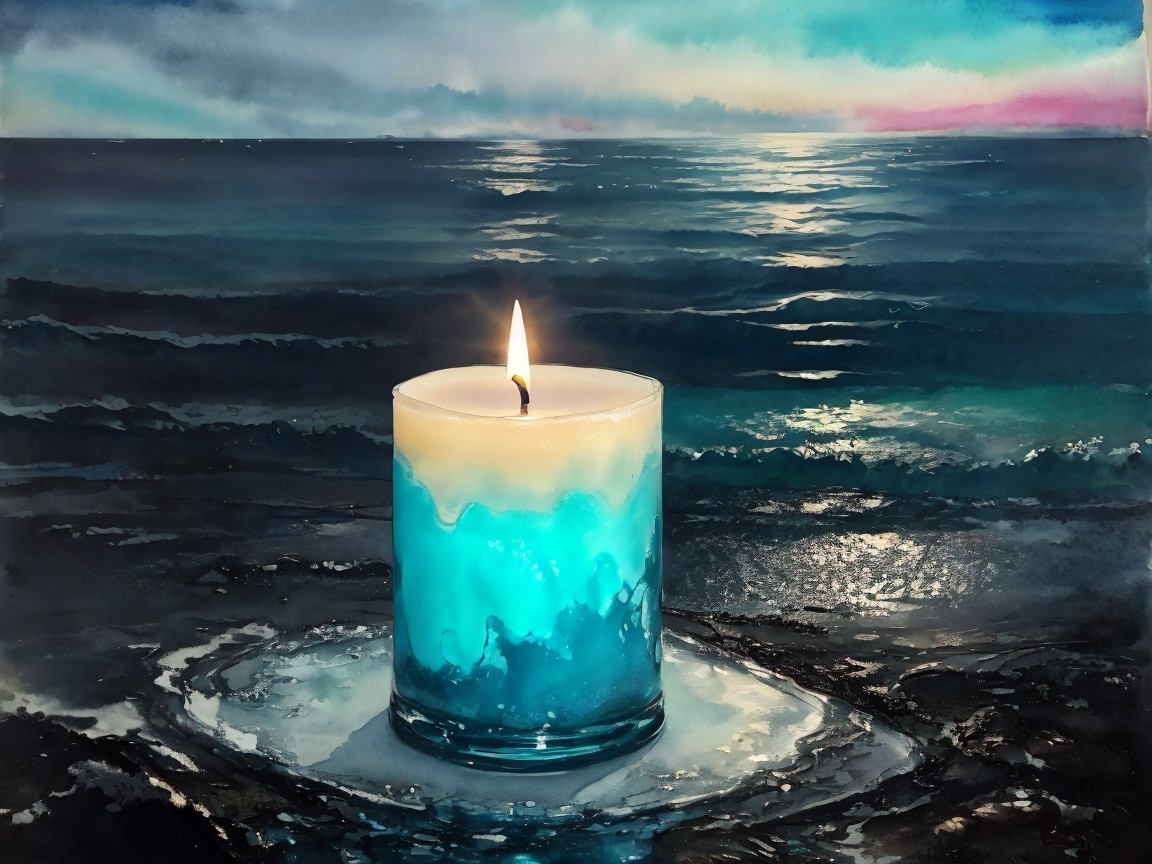 Candlelit Ocean Scene with Serene Colors and Waves