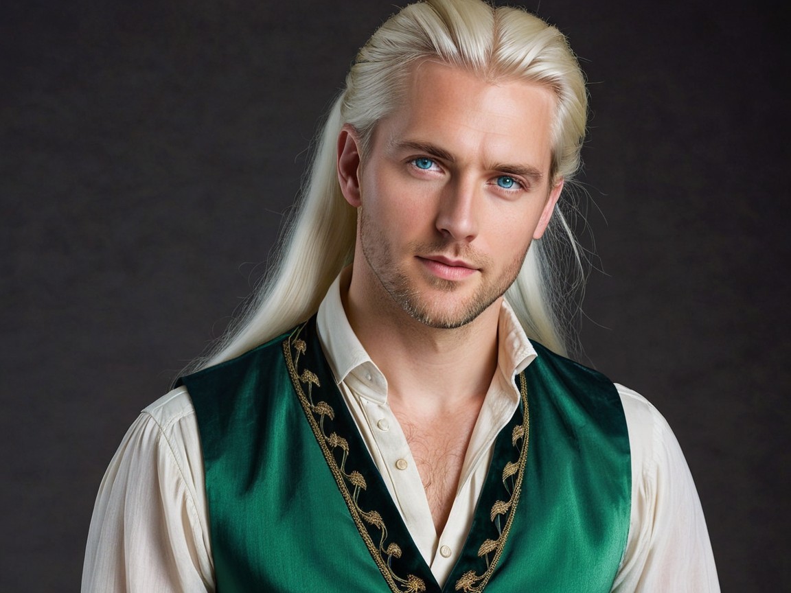 Young man in green waistcoat with platinum blonde hair