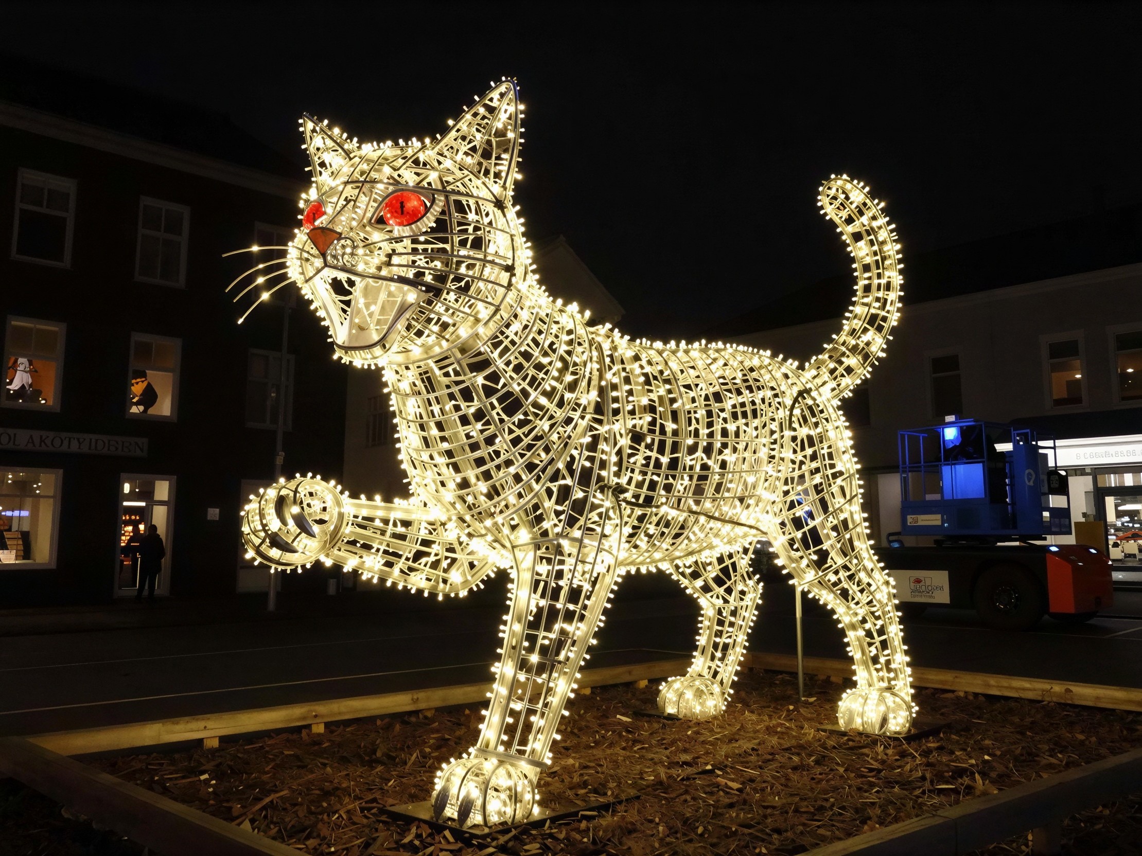 Illuminated Cat Sculpture in Outdoor Night Setting