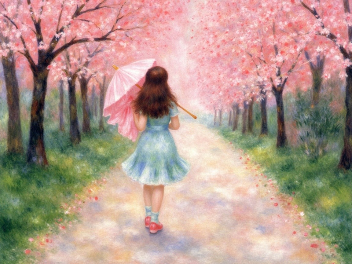 Young girl on cherry blossom pathway with pink umbrella