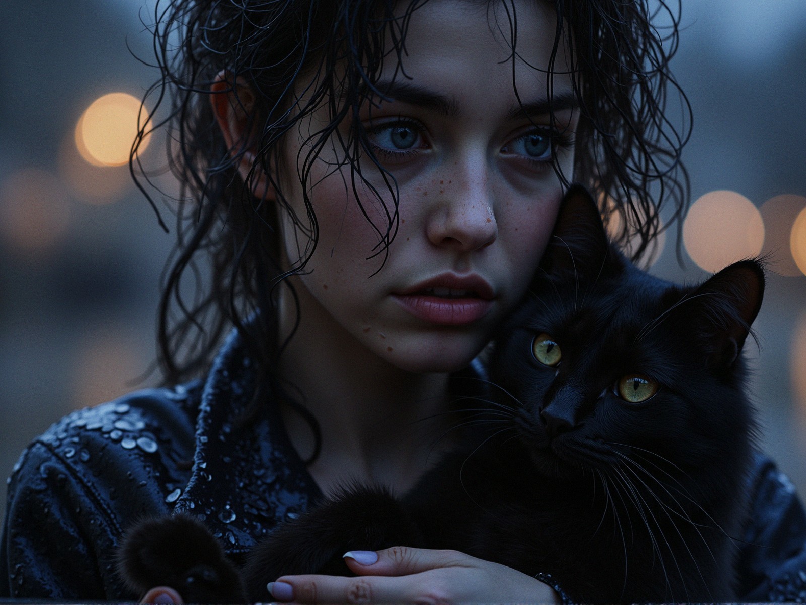 Young person with cat in cozy, warm light setting