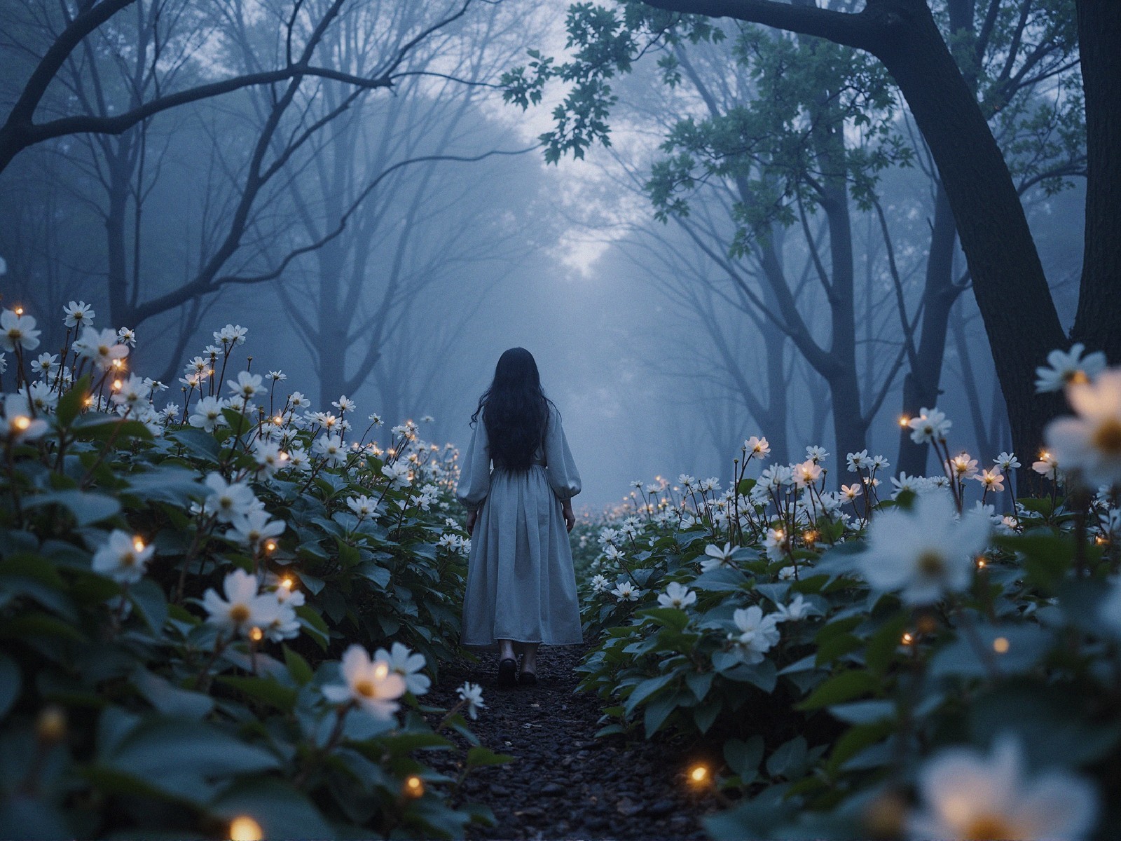 Fog-Drenched Landscape with Figure in White Dress