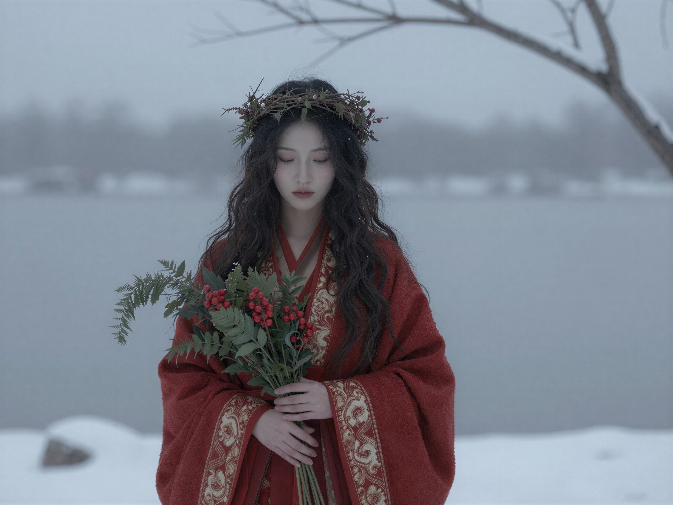 Soft-focus portrait of a woman in a snowy landscape