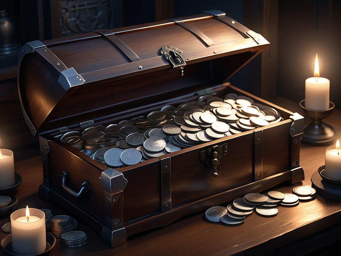 Wooden treasure chest with coins and flickering candles
