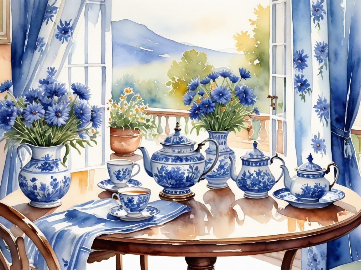 Sunlit Table Setting with Blue Floral Arrangements
