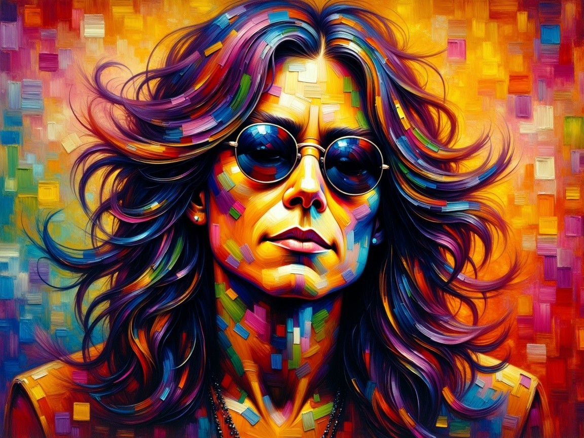 Vibrant Abstract Portrait with Flowing Hair and Sunglasses