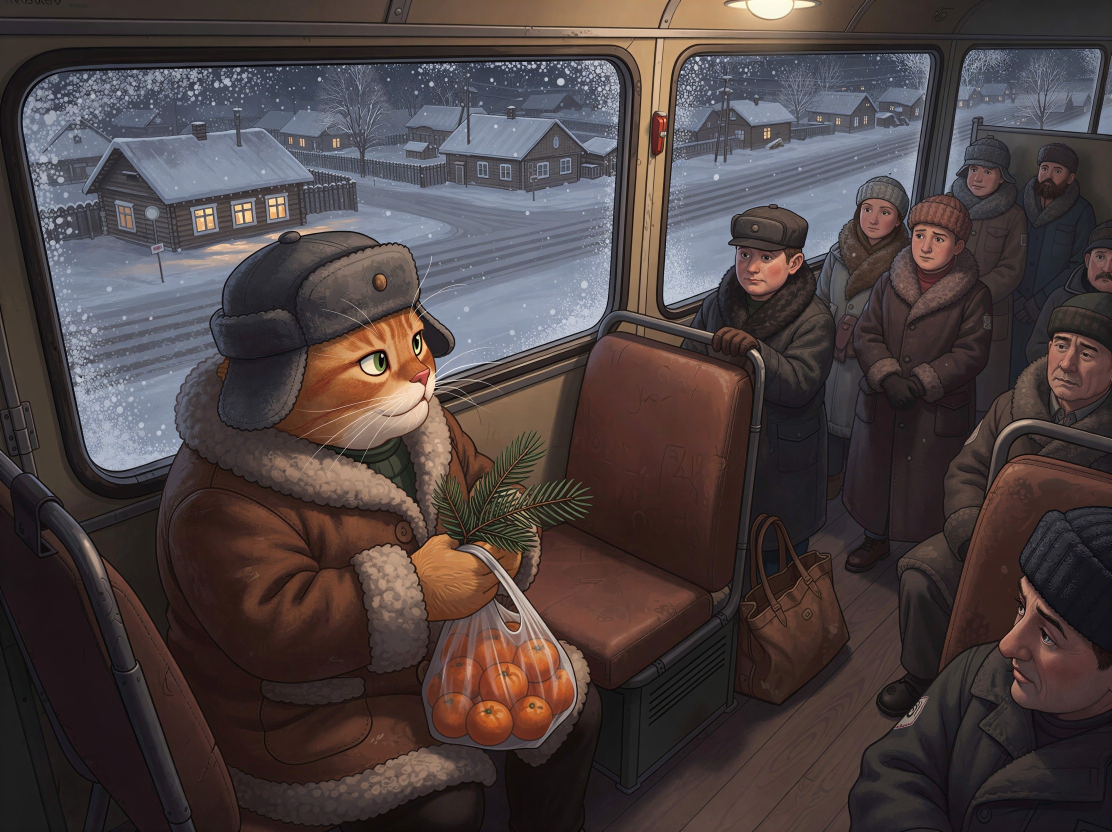 Winter Bus Scene with Cat and Snowy Village View