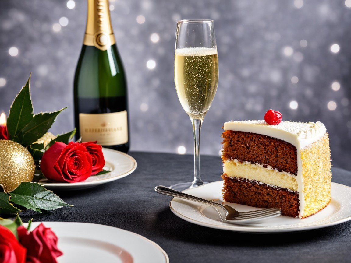 Festive Table Setting with Cake and Champagne