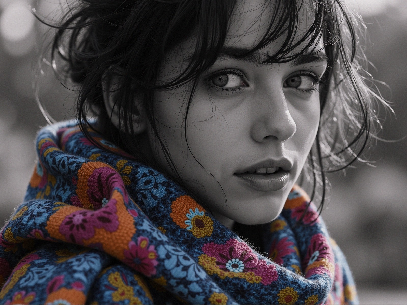Young Woman in Floral Scarf with Softly Blurred Background
