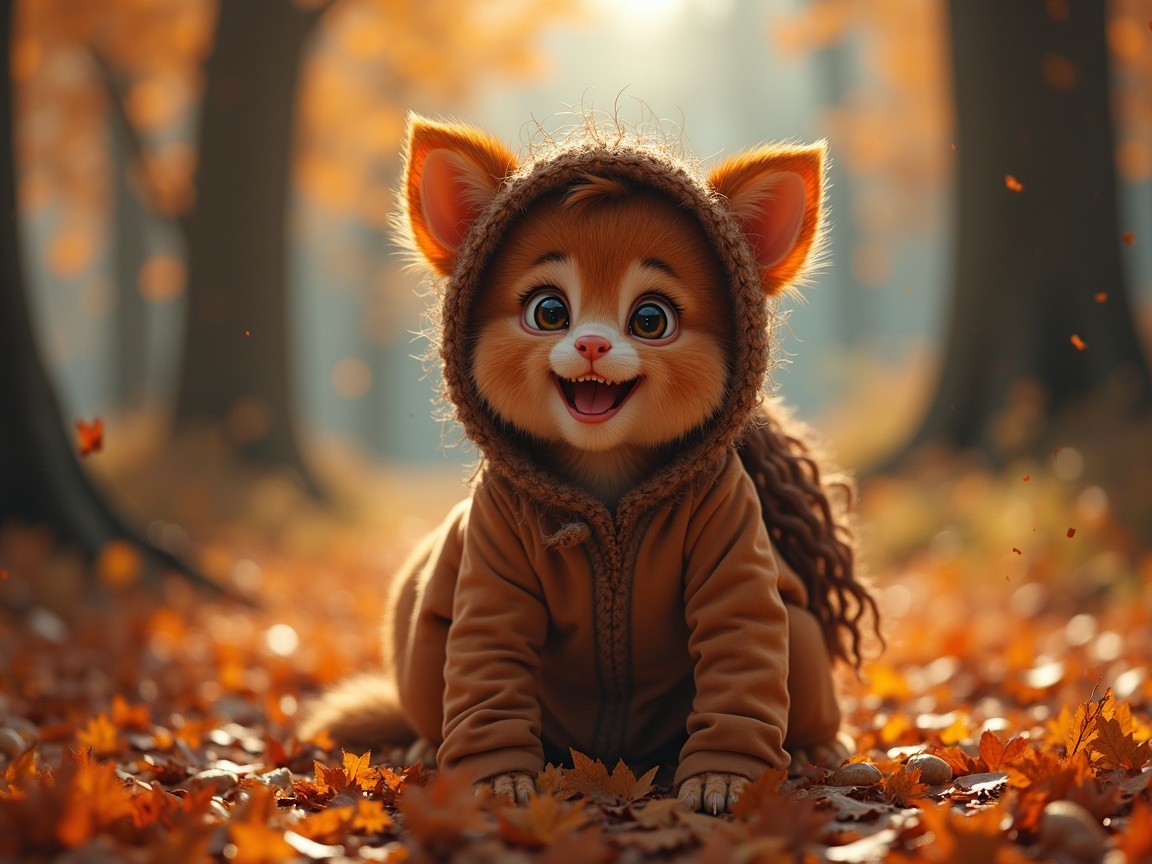 Charming Kitten in Autumn Forest with Colorful Leaves