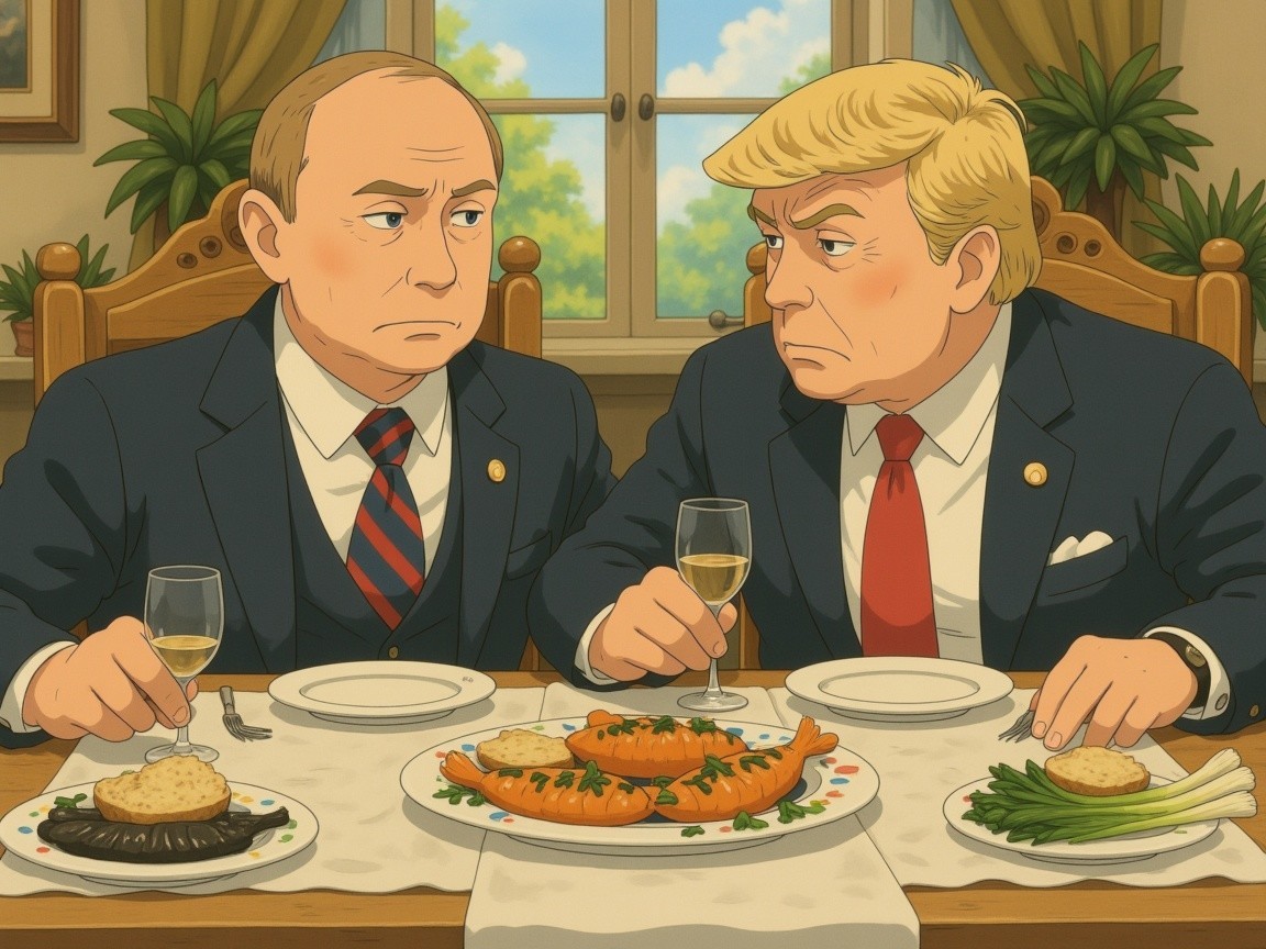 Cartoonish Leaders at Elegant Dining Table Scene