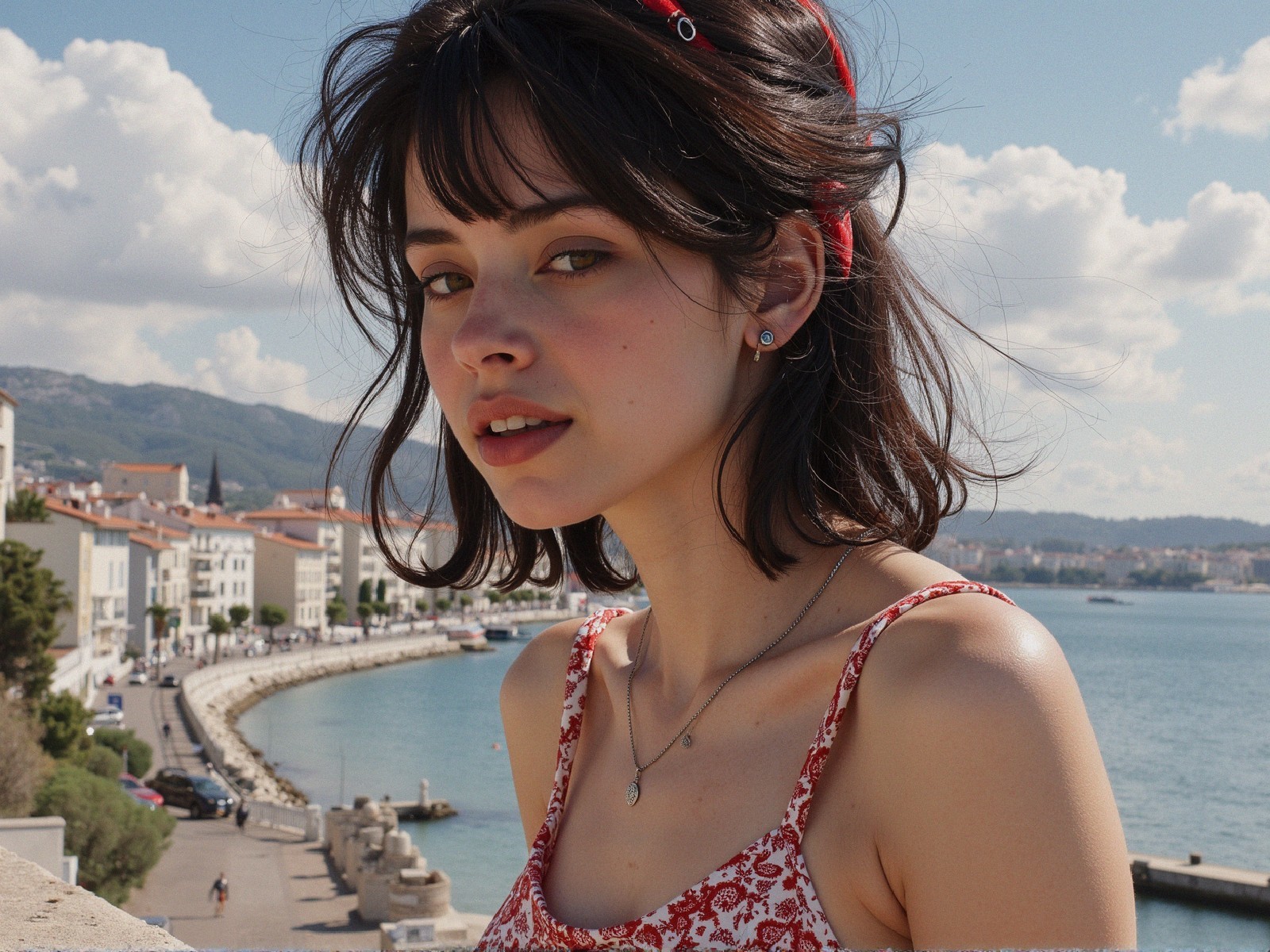 Young Woman in Floral Dress by Coastal View
