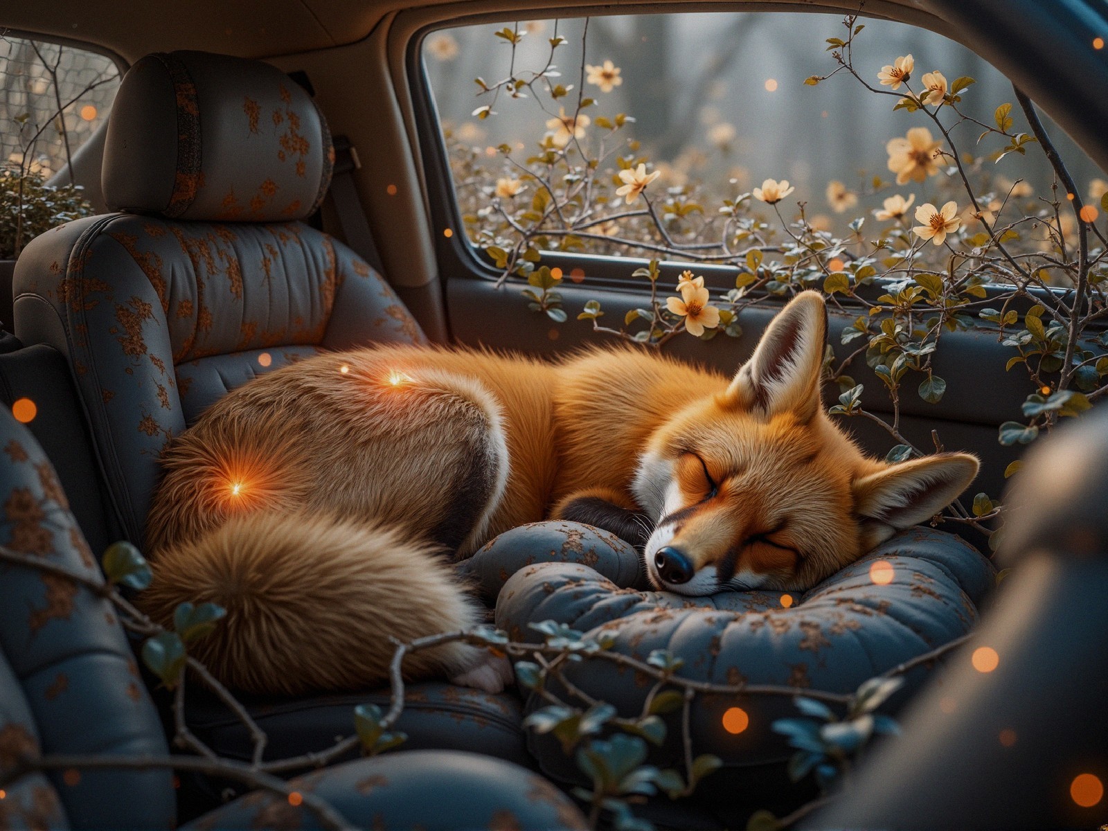 Cozy Car Interior with Sleeping Fox and Soft Flowers
