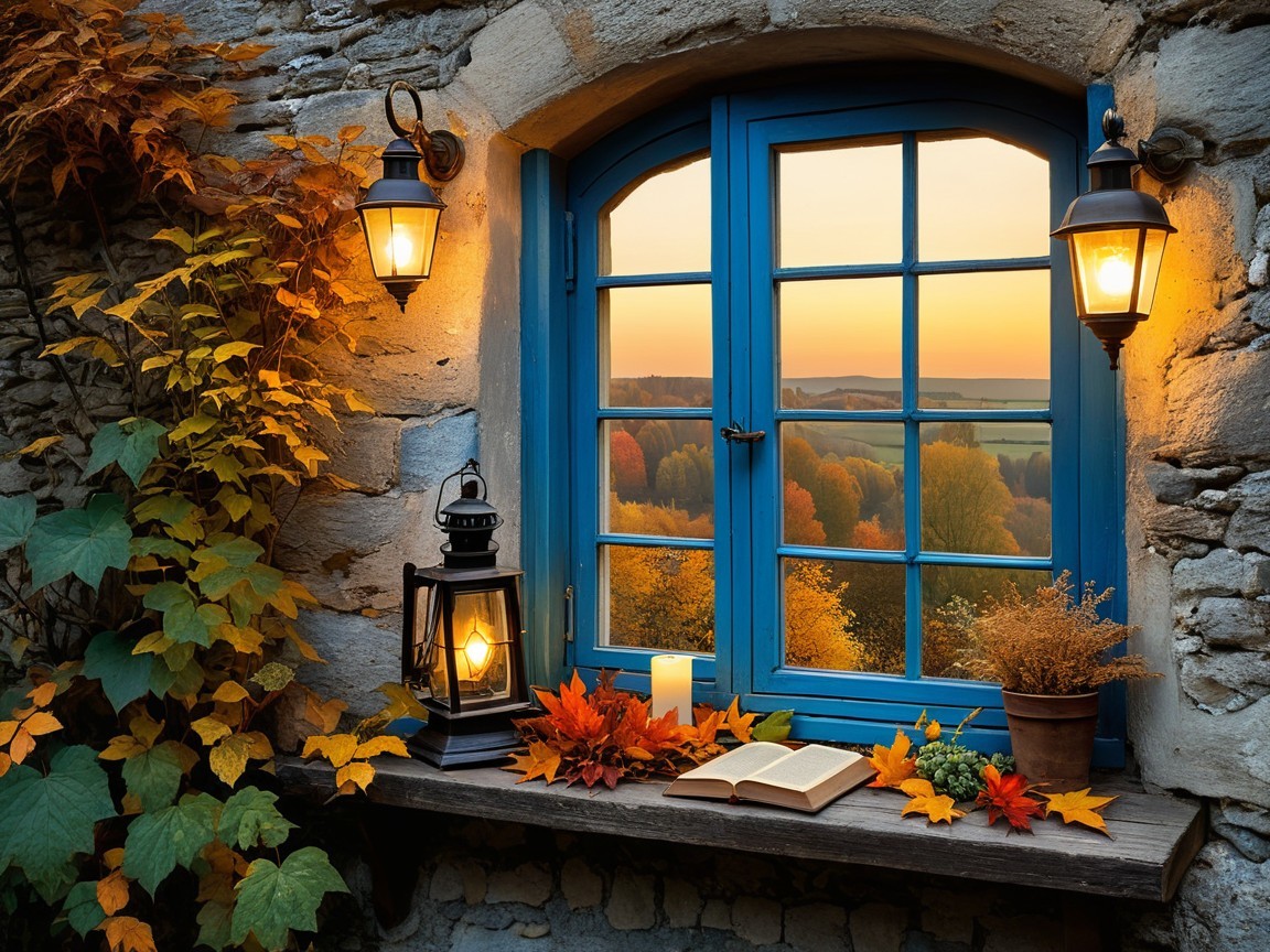 Cozy Window View of Autumn Landscape with Lanterns