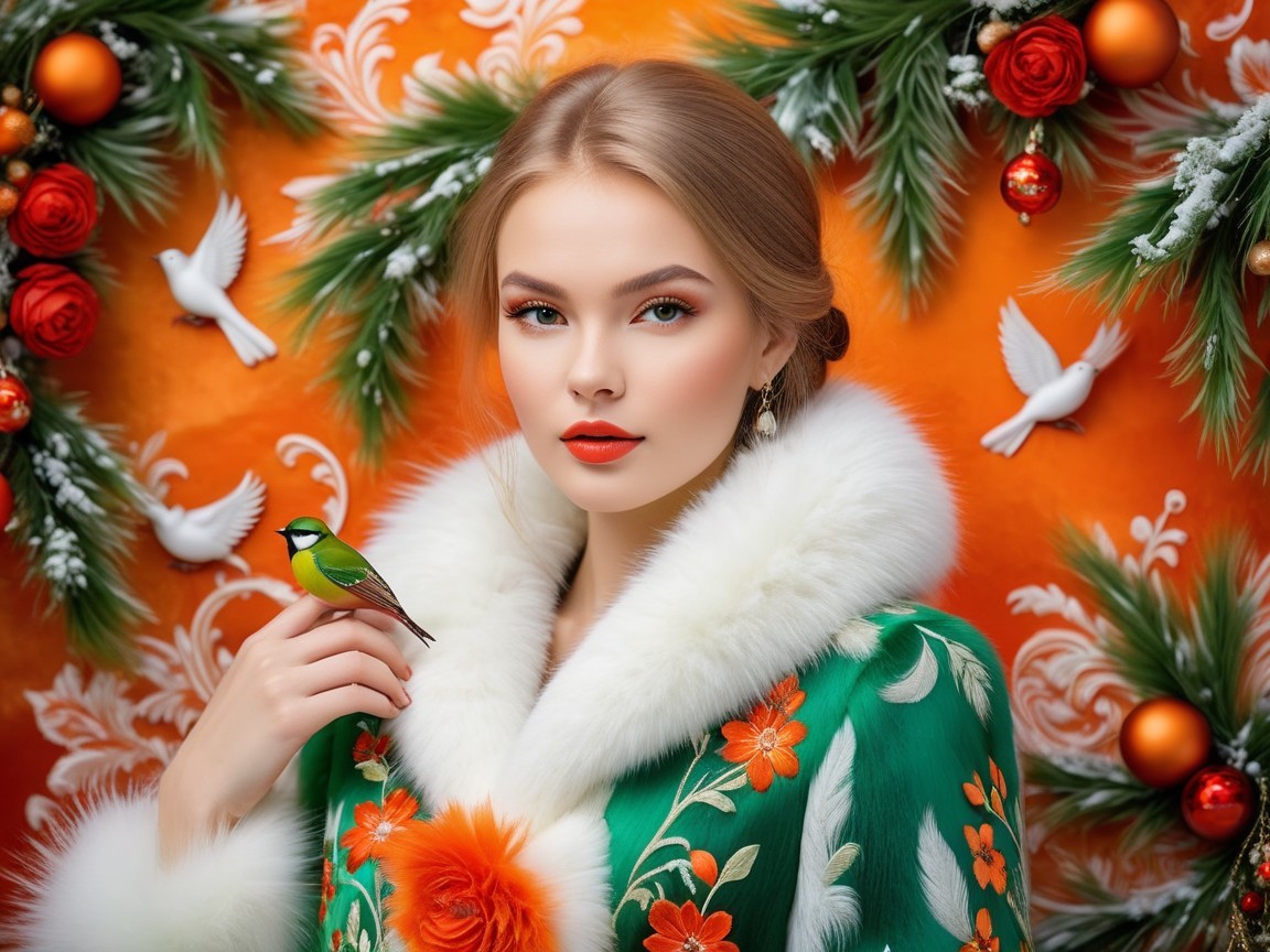 Young woman in green coat with floral patterns