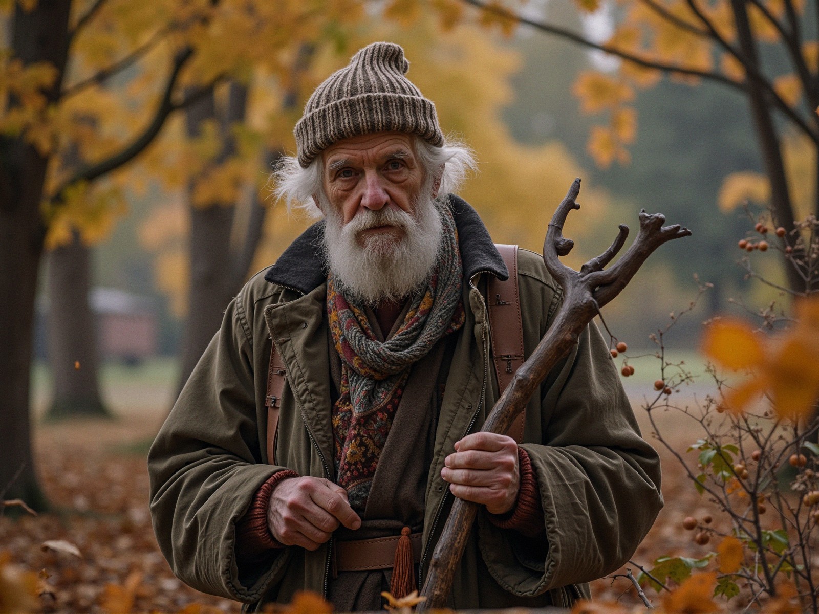 Elderly Man in Autumn Park with Wooden Staff