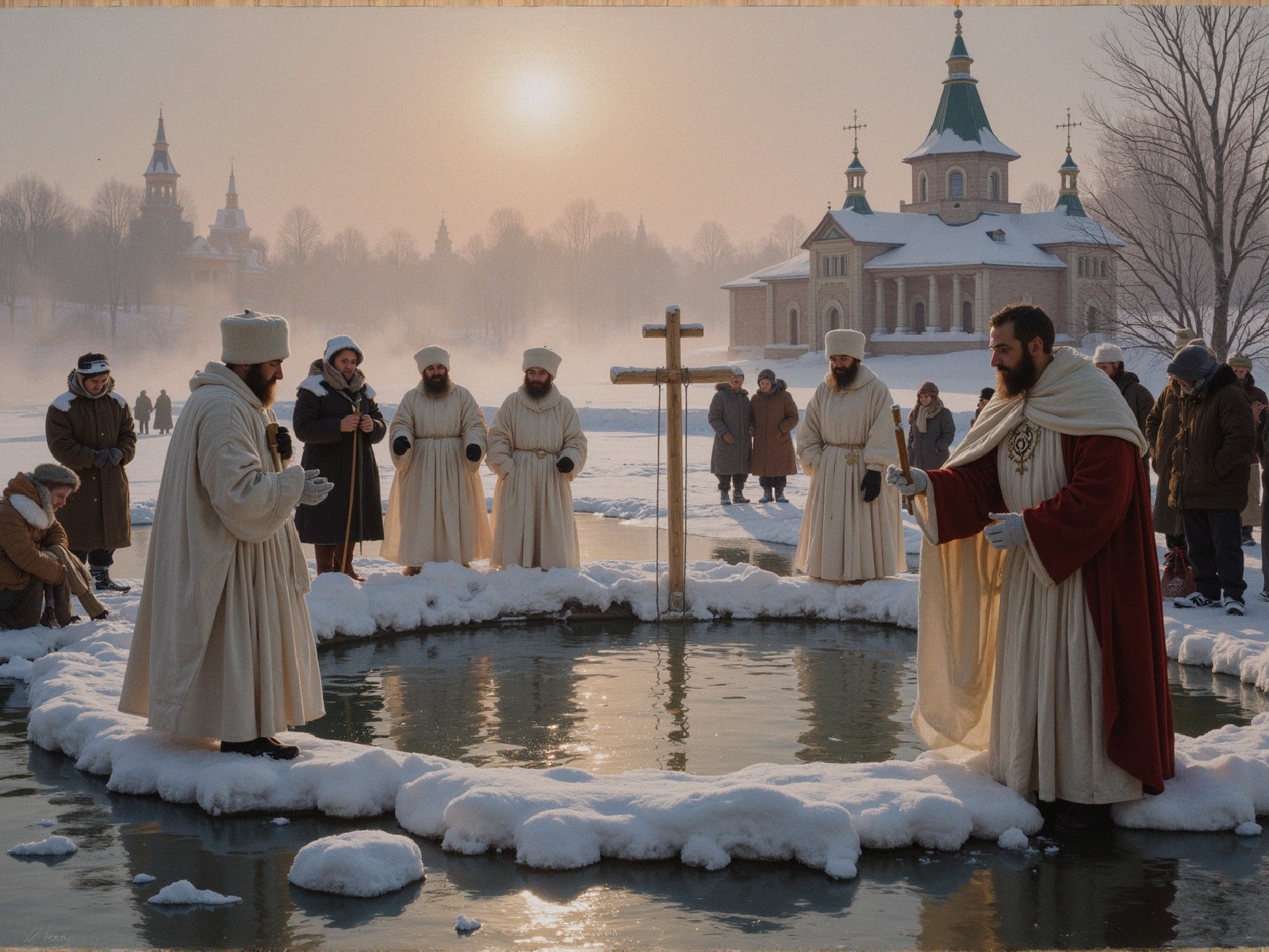 Winter Gathering Around a Frozen Pool with Cross