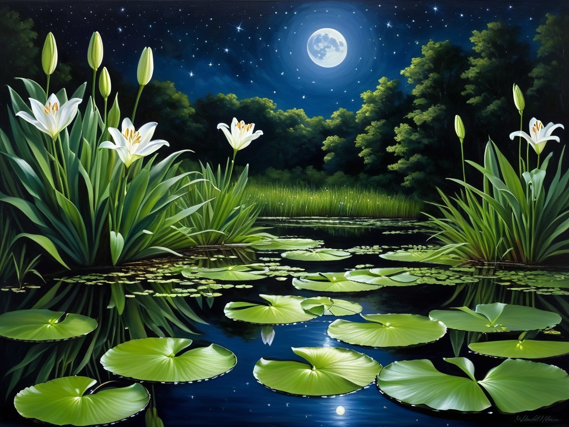 Tranquil Night Scene with Moonlit Pond and Lilies