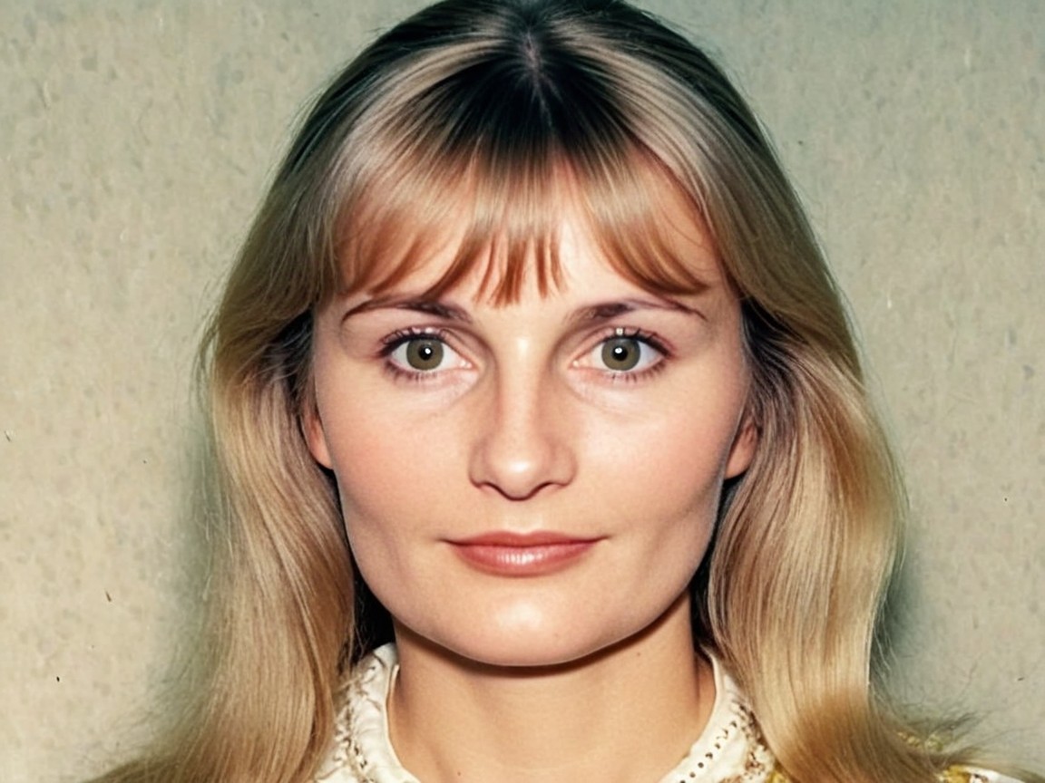 Woman with Blonde Hair and Green Eyes in Vintage Setting