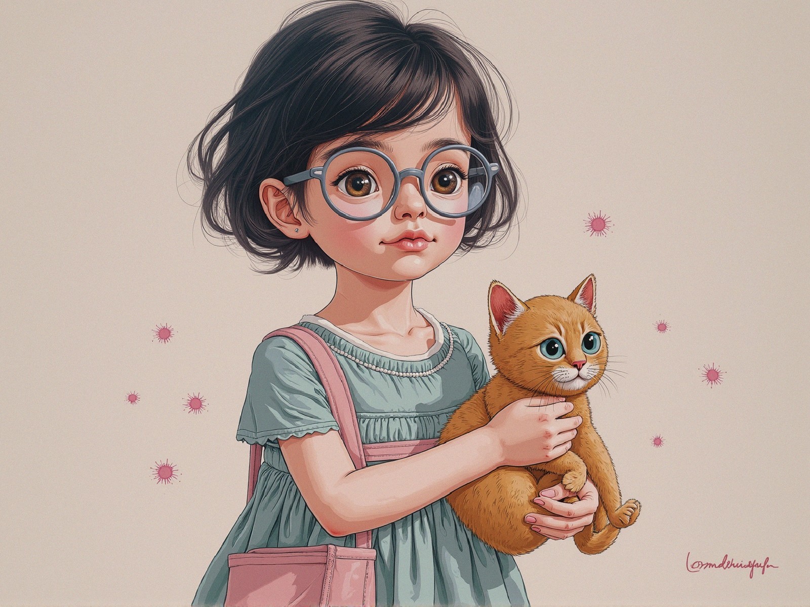 Young girl with orange cat in playful pink setting