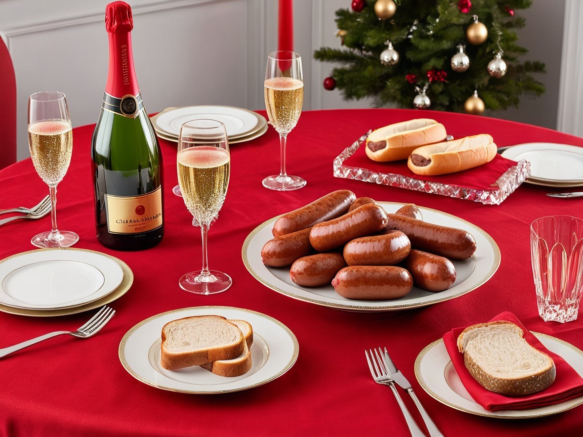 Festive Dining Table with Holiday Decor and Food Items