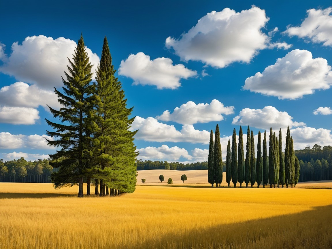Serene Landscape of Green Trees and Wheat Field