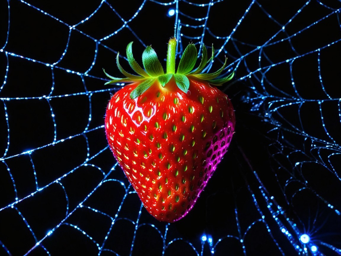 Red Strawberry in Spider Web with Blue Lights
