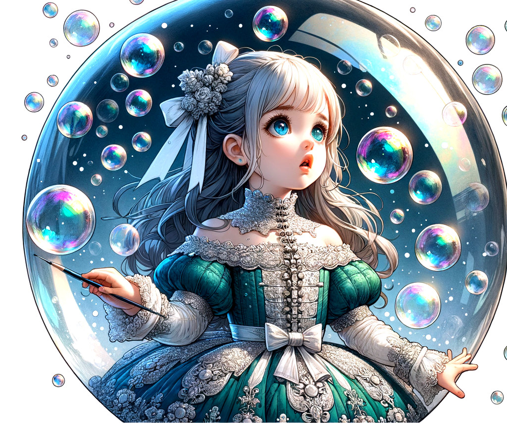 Young girl in teal dress surrounded by floating bubbles