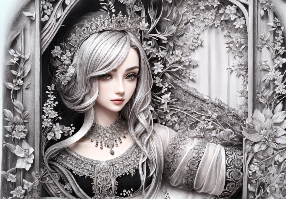 Majestic Silver-haired Queen in Floral Realm