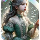 Girl in Light Blue Gown Surrounded by Iridescent Bubbles