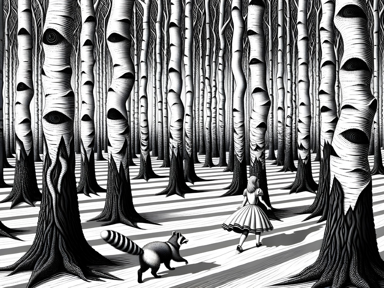 Whimsical Black-and-White Scene of a Girl in Forest