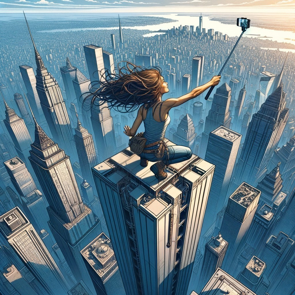 Individual Balancing on Skyscraper with Cityscape View