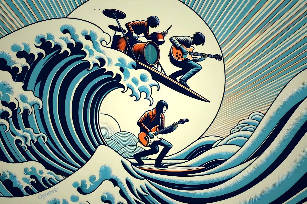 Musicians Surfing on Waves in Retro Art Style