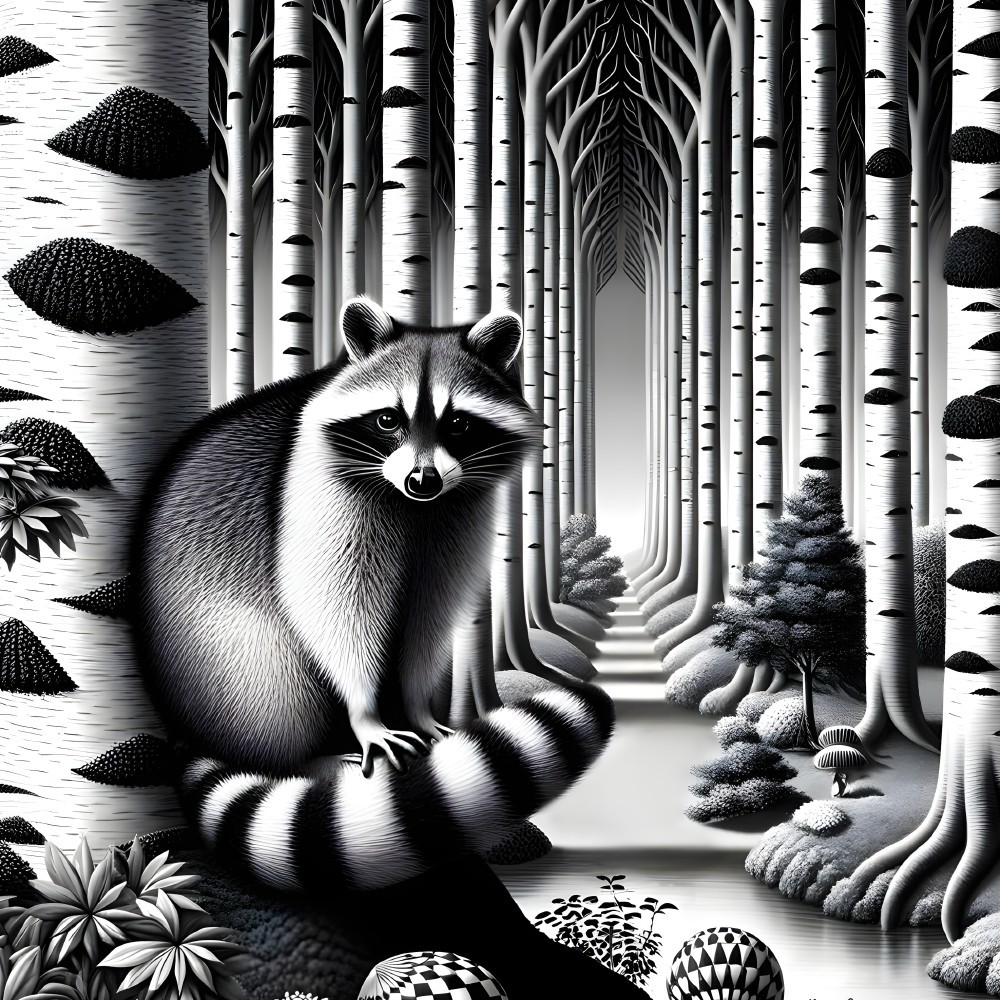 Whimsical Black-and-White Raccoon Illustration in Forest