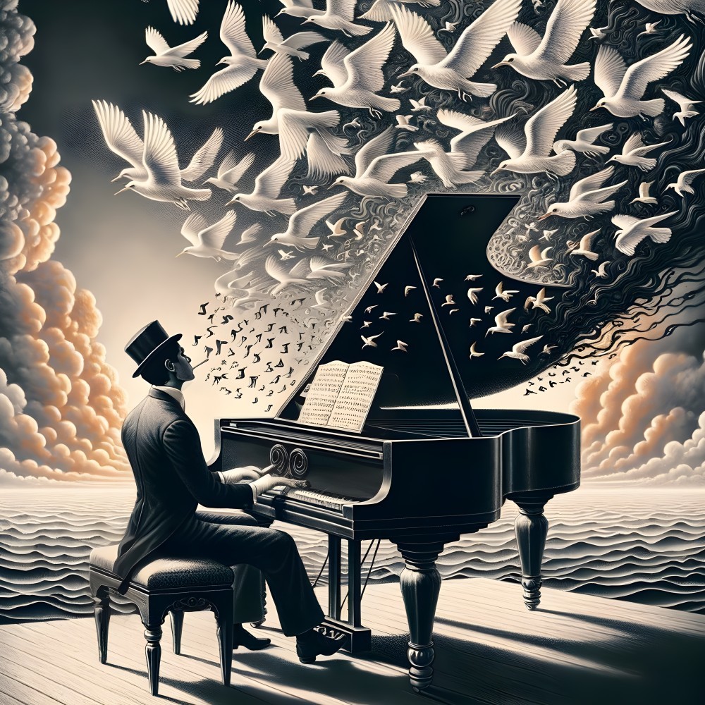 Pianist Playing by the Sea with Birds in Flight