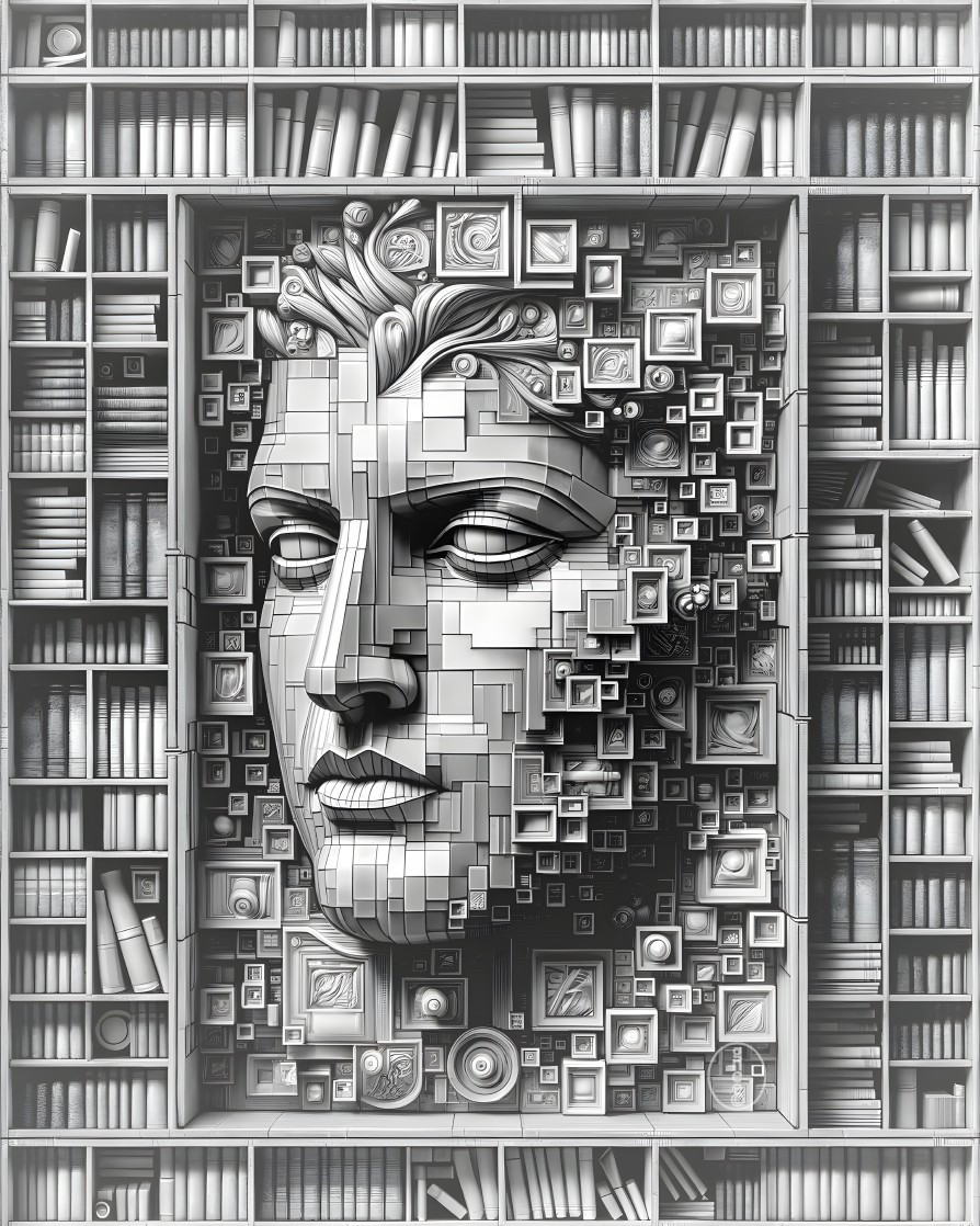 Surrealist grayscale artwork: fragmented human face with geometric shapes.