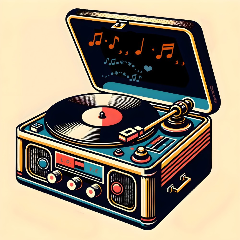 Vintage Turntable with Colorful Knobs and Records