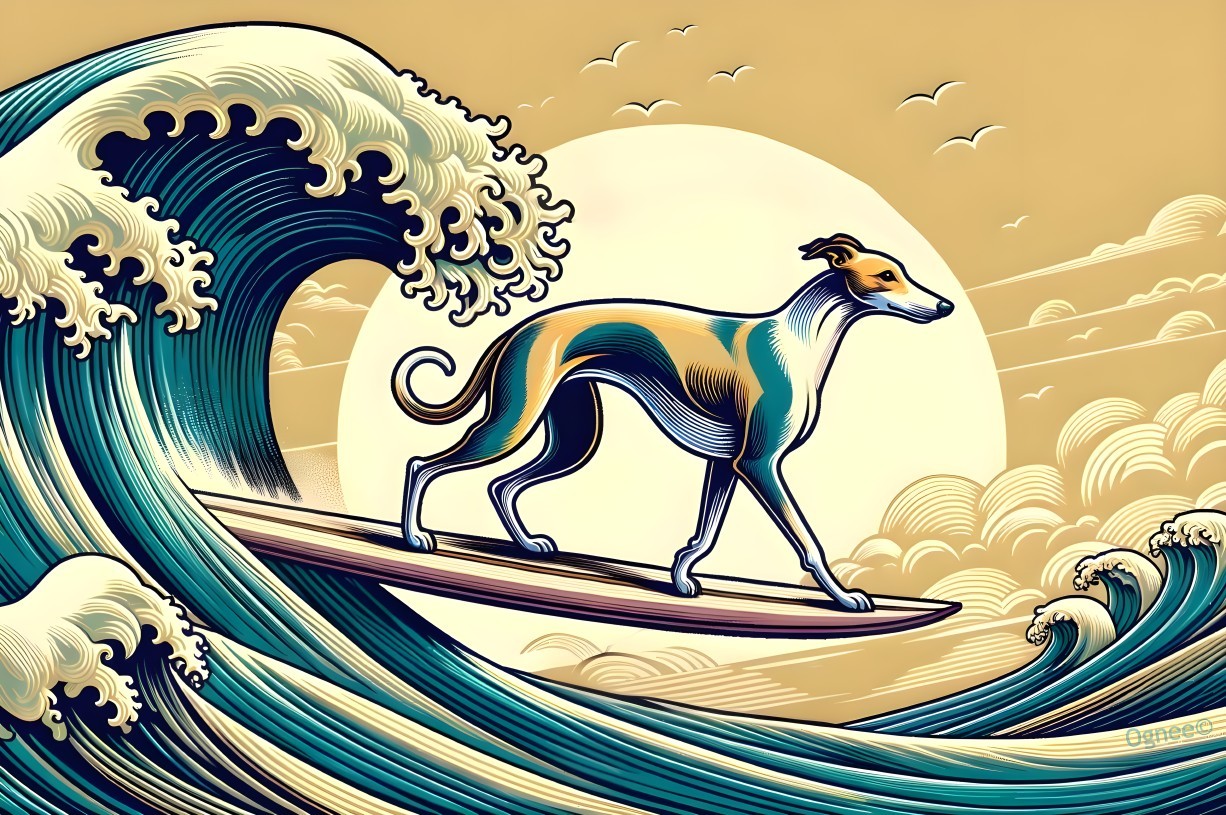 Greyhound Surfing on Vibrant Waves with Sun and Birds