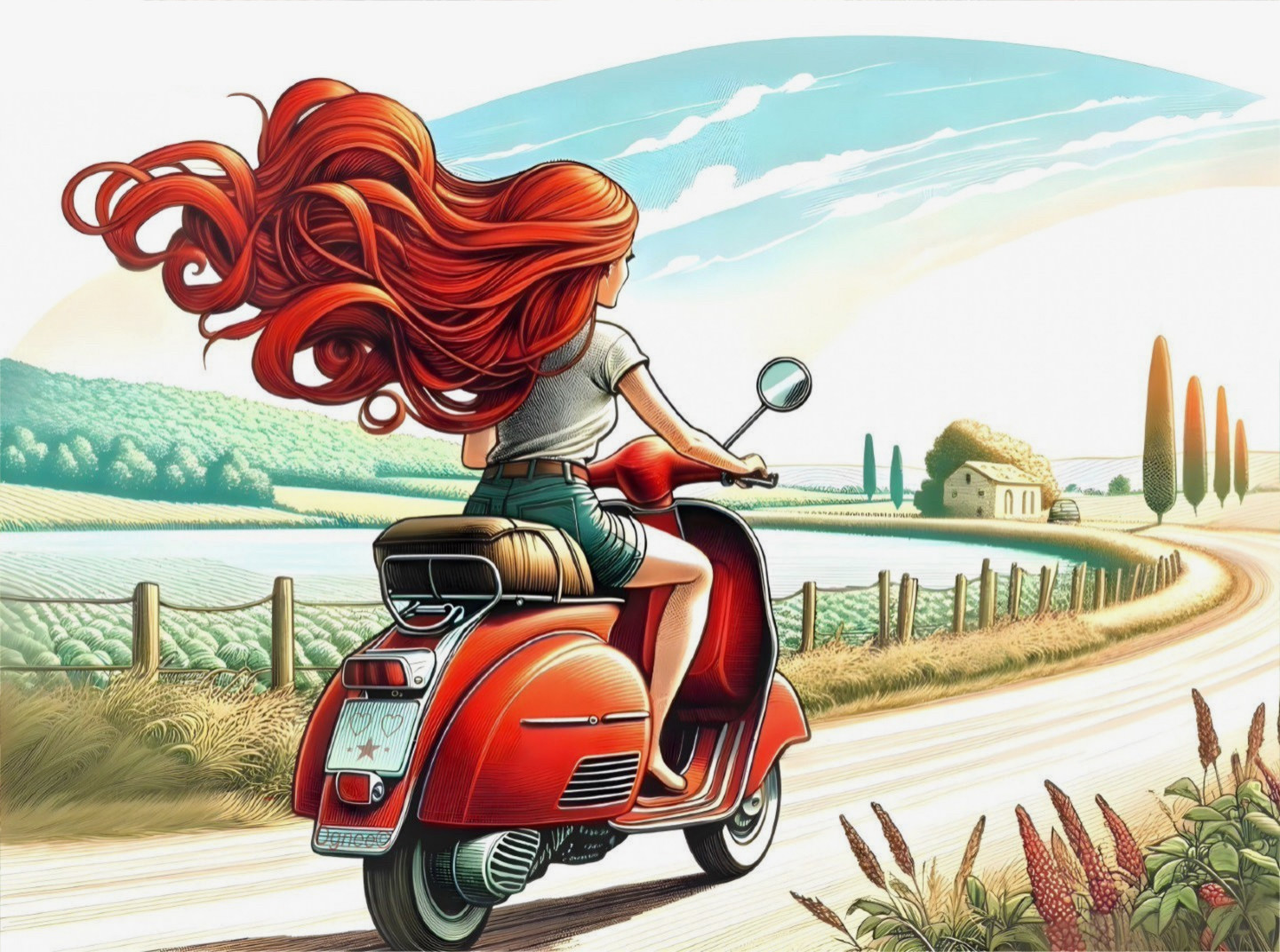 Young Woman on Vintage Scooter in Scenic Countryside