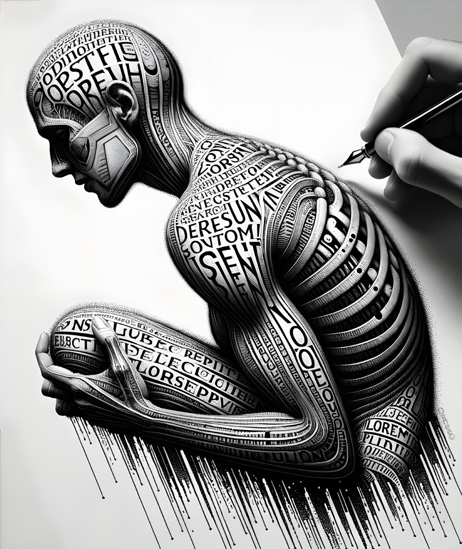 Monochrome Illustration of Contemplative Figure with Ink