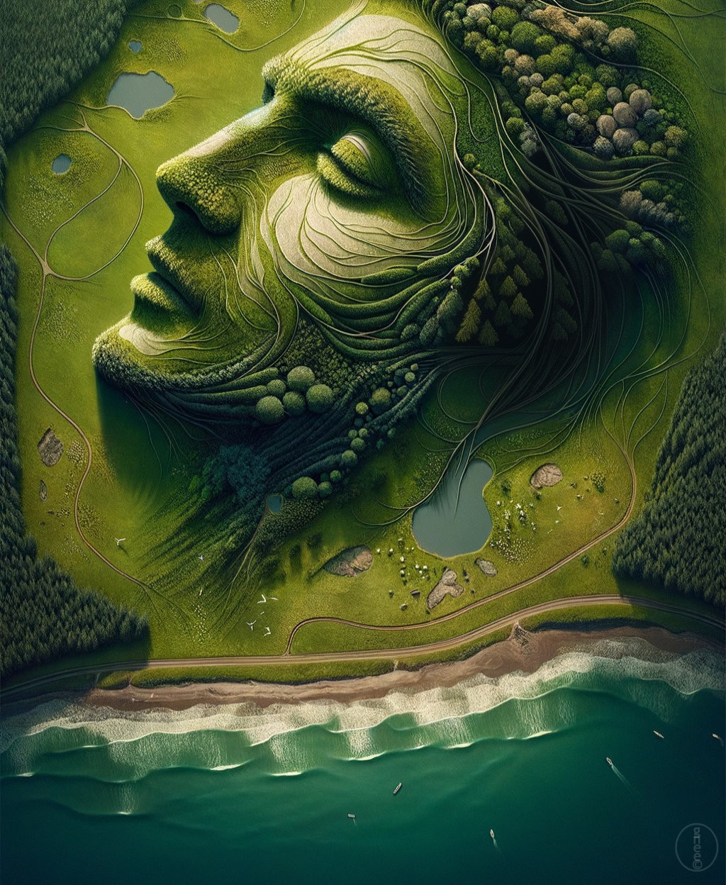 Landscape art: Woman's face with greenery hair, lake features, and beachfront neck