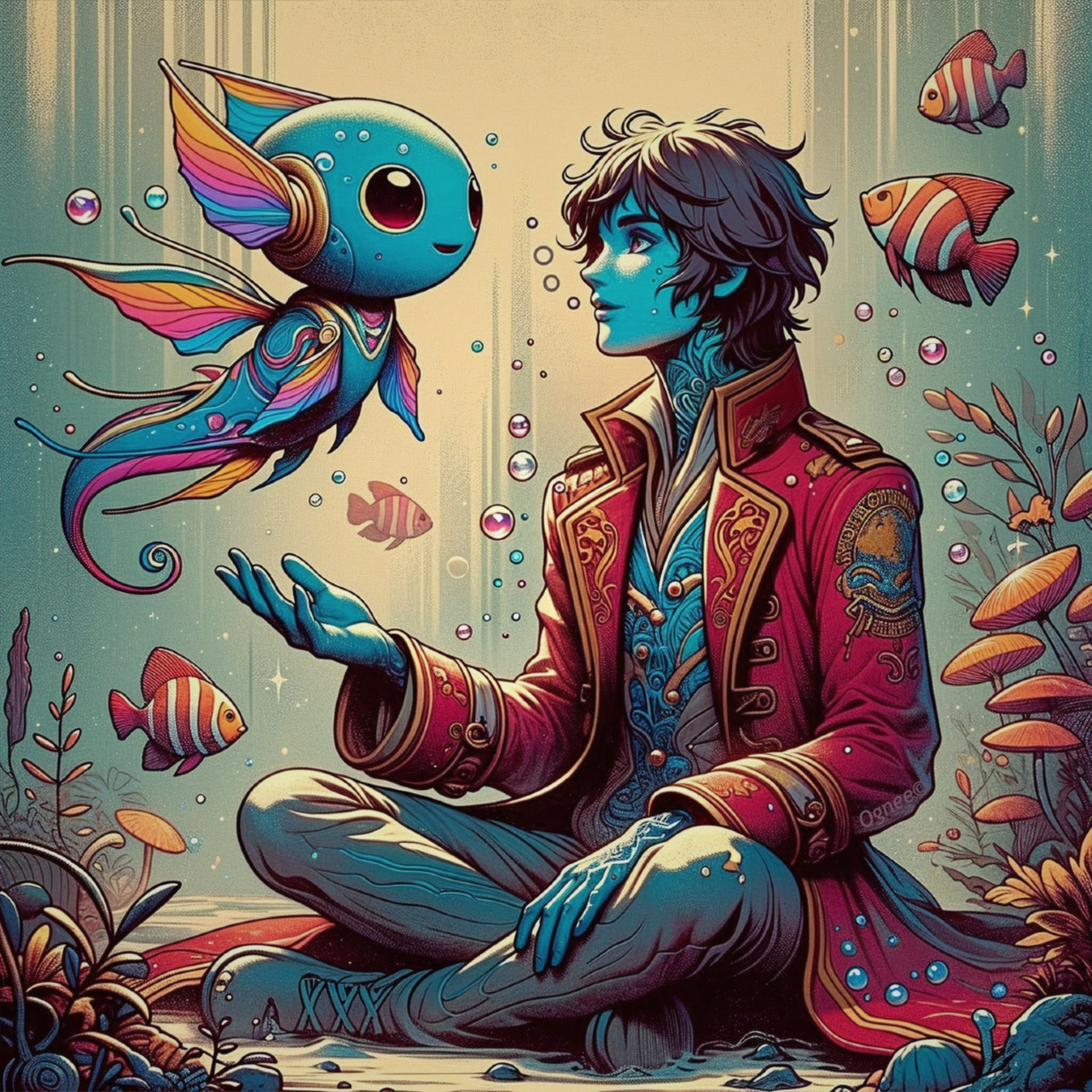 Underwater Scene with Young Man and Colorful Creatures