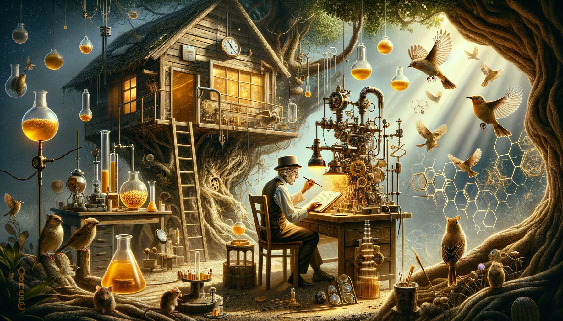 Whimsical Treehouse Laboratory with Cluttered Desk