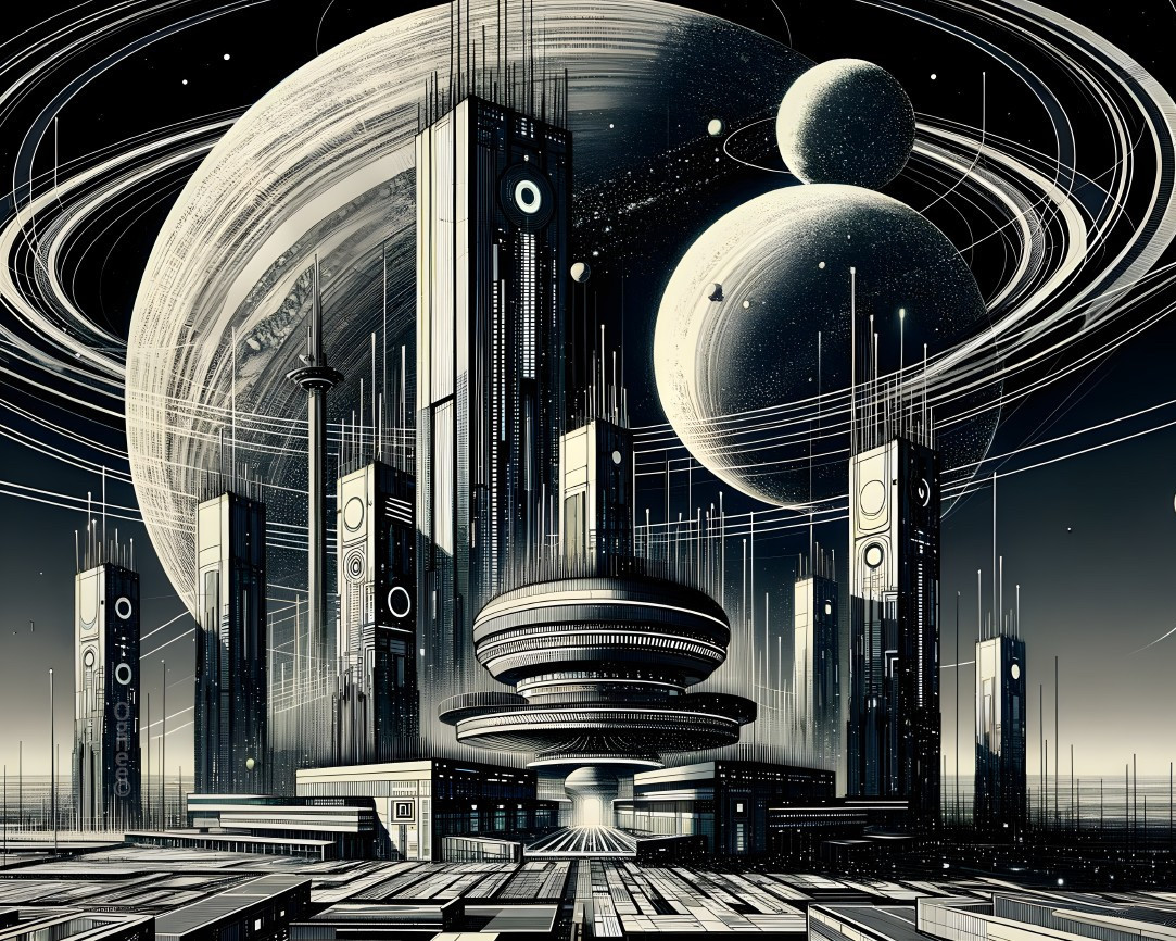 Futuristic Cityscape with Skyscrapers and Cosmic Elements