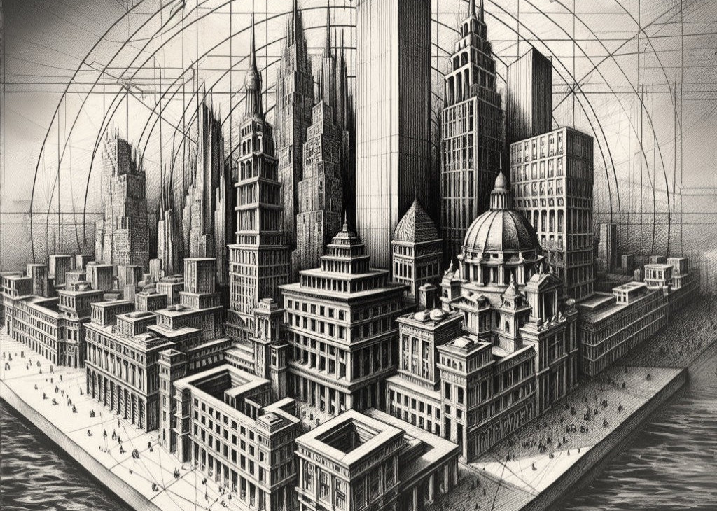 Detailed Monochrome Cityscape Sketch with Diverse Architectural Styles