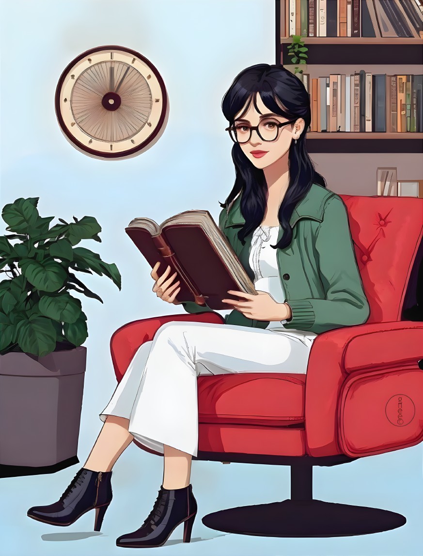 Young Woman Reading in Modern Red Chair with Bookshelves