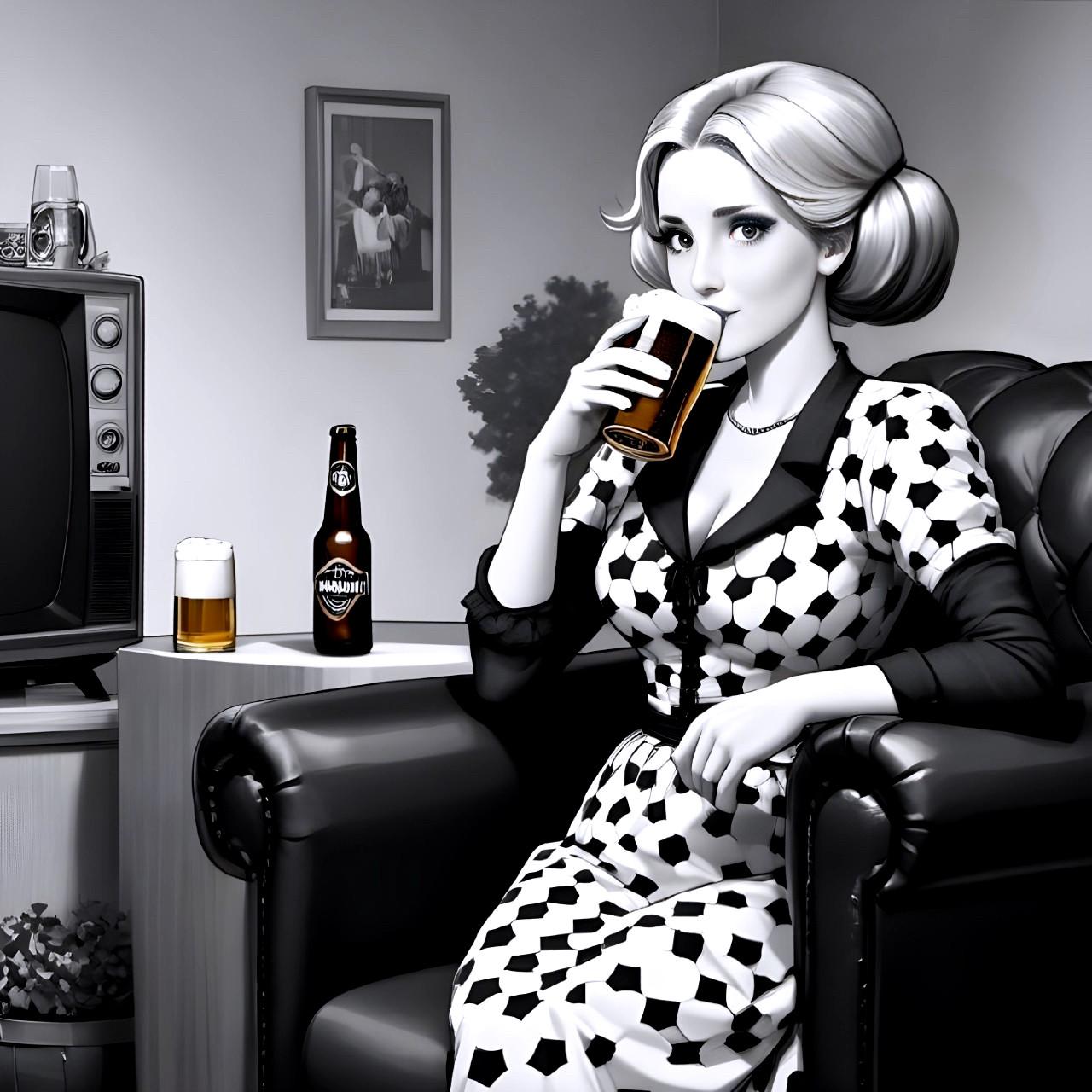 Stylish Woman in Polka-Dotted Dress on Leather Couch