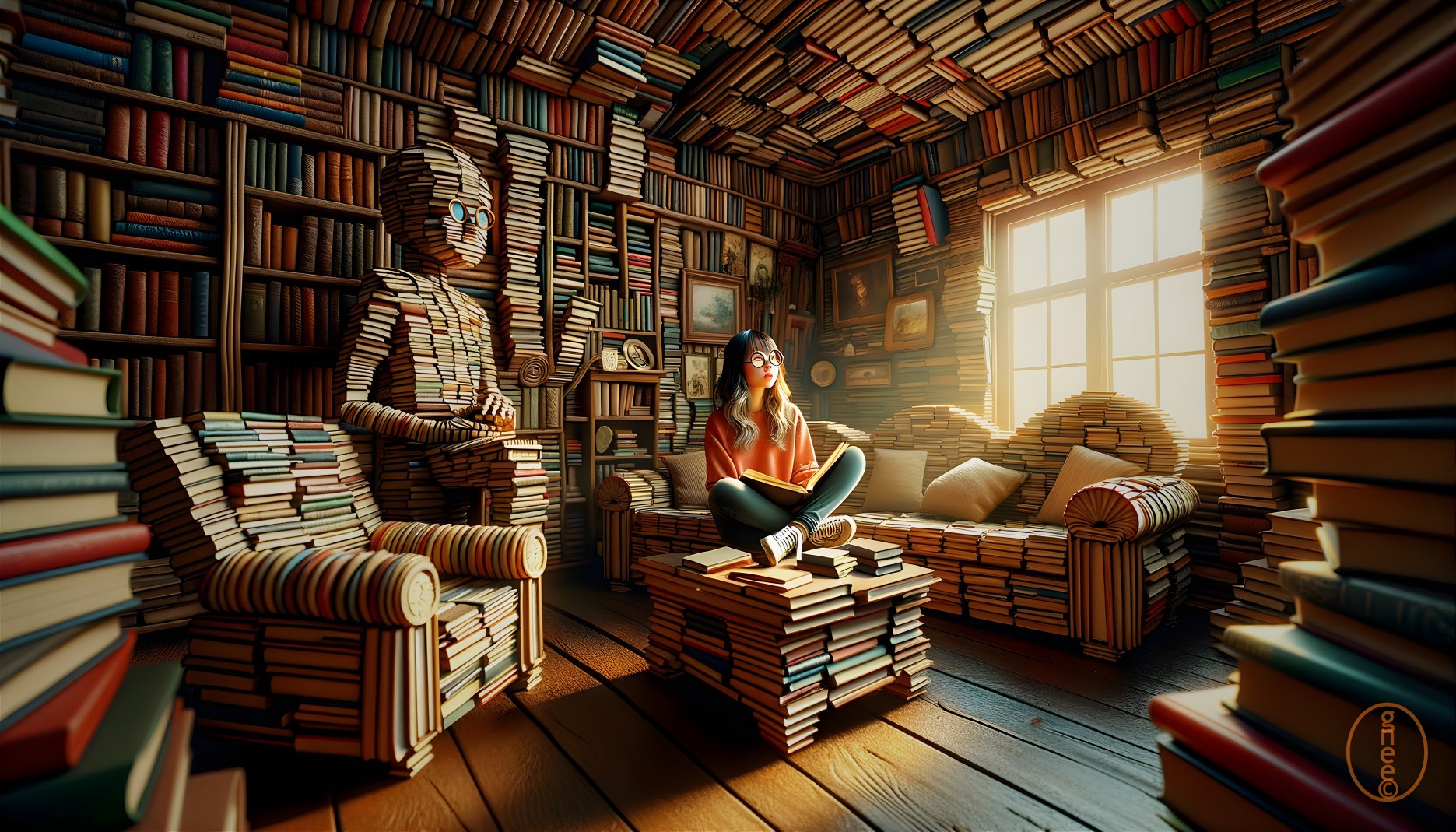 Room with books, person reading, warm light, and paper mummy figure
