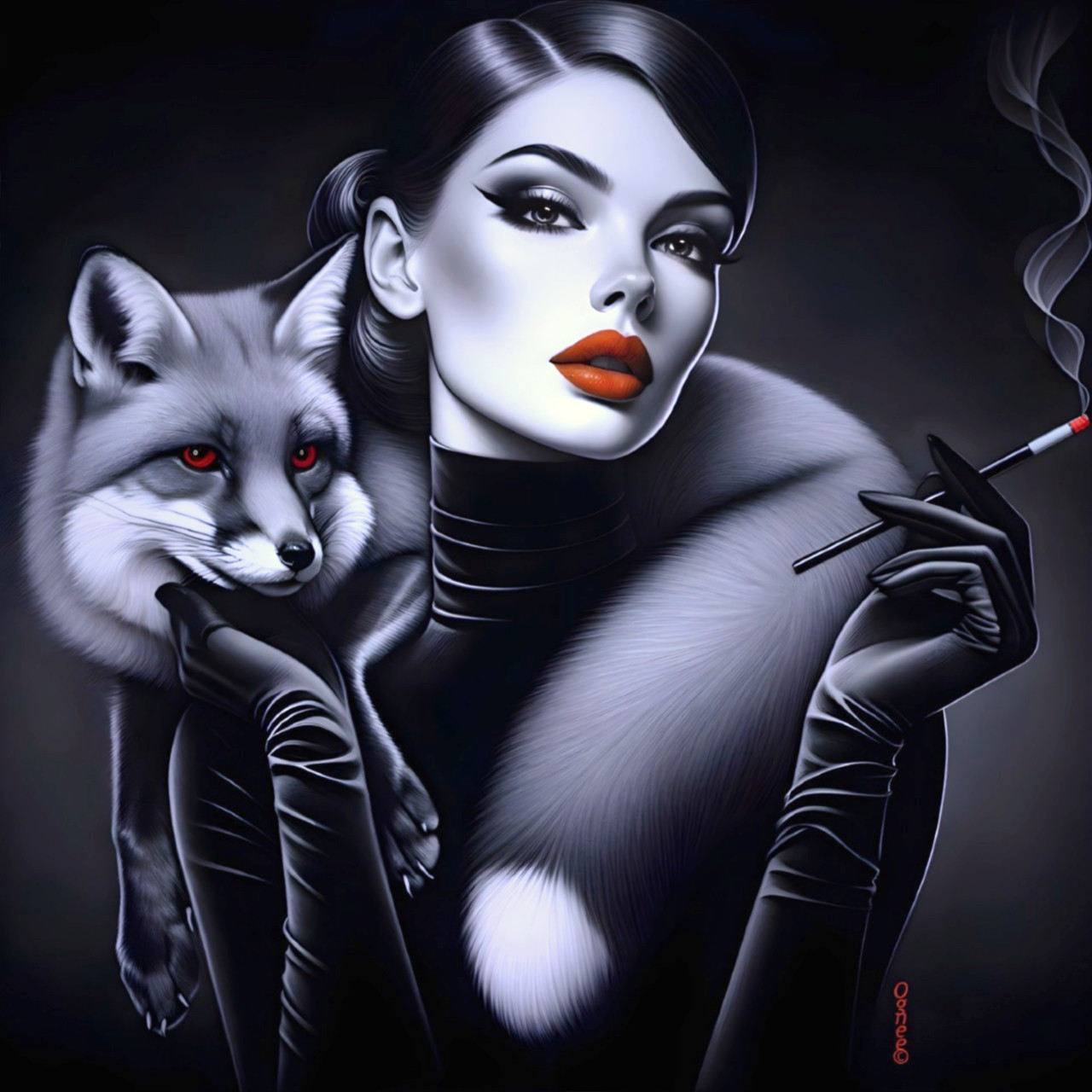 Glamorous Woman with Fox in Dark Elegant Setting