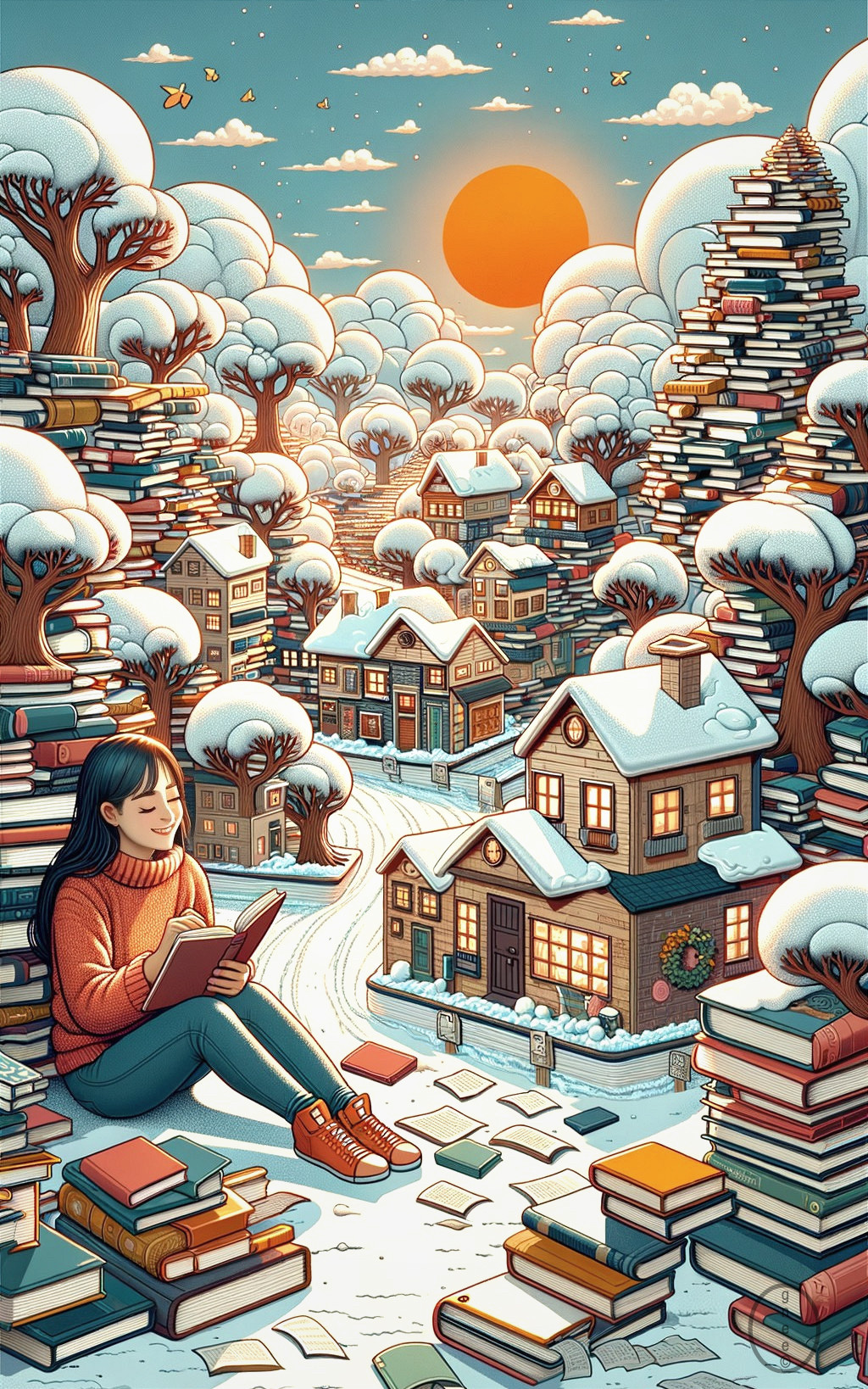 Illustration of girl reading in book-themed snowy village landscape